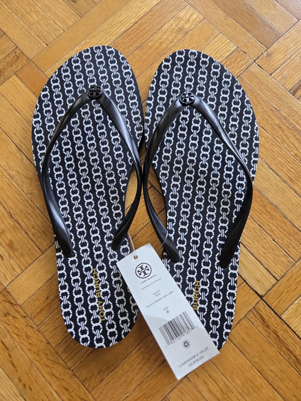 Brand New With Tags Tory Burch Gemini Black & White Logo Flip Flops
